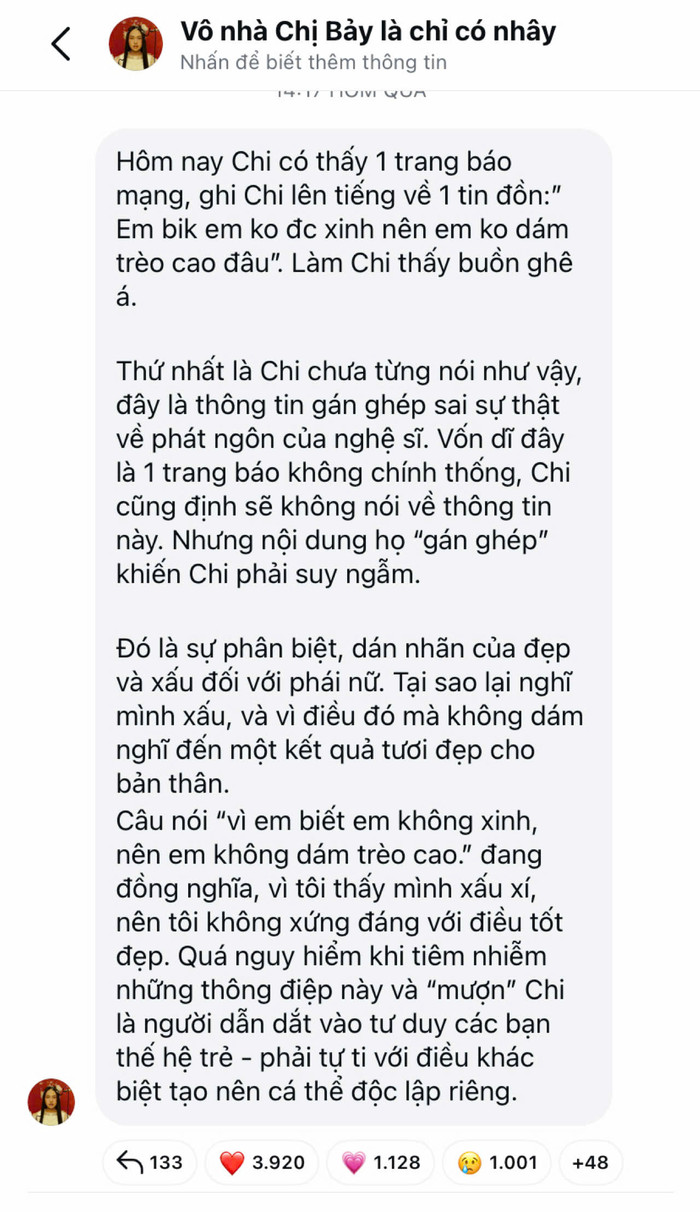 Phương Mỹ Chi lên tiếng đính chính thông tin sai sự thật.