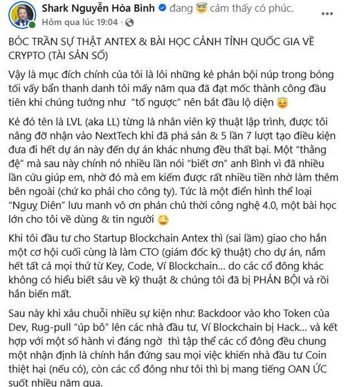 Bài viết mới đây của Shark Bình liên quan đến việc bị tố "úp bô"
