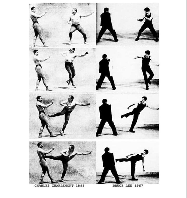 Hình ảnh so sánh động tác của võ sĩ Savate, Charles Charlemont năm 1898 và động tác của Lý Tiểu Long năm 1967