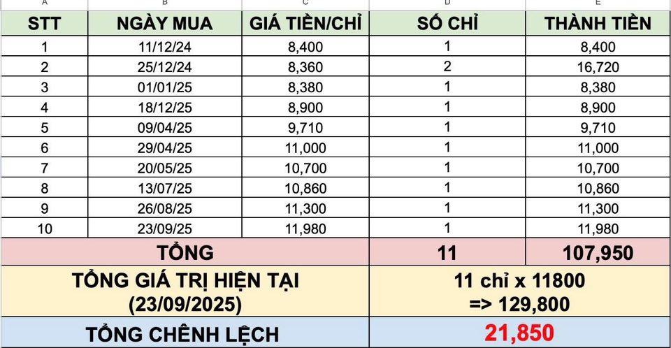 Quá trình mua vàng của cô trong vòng 10 tháng qua