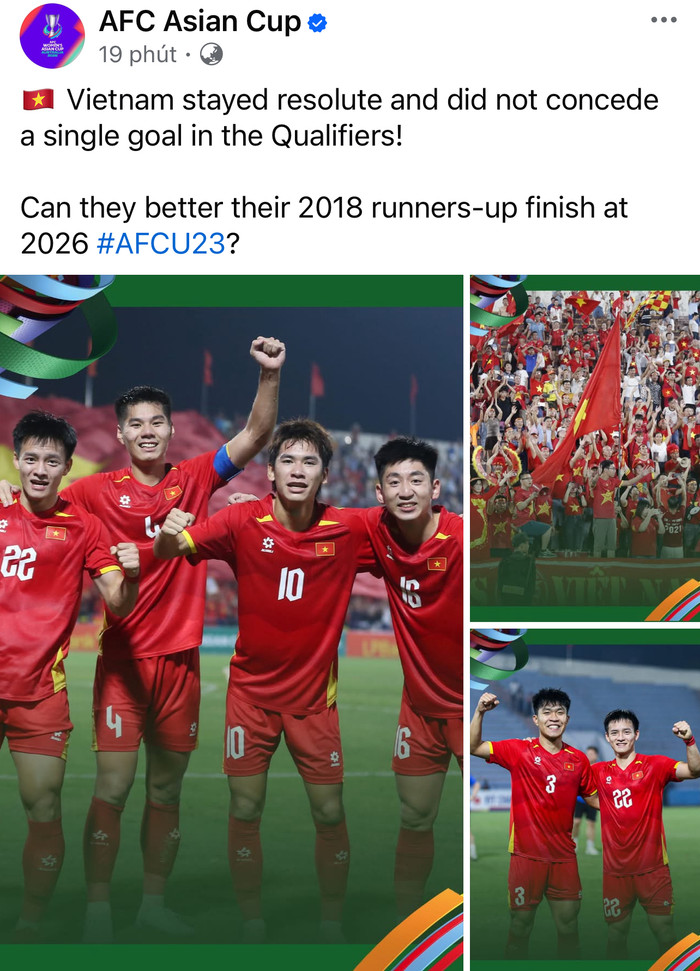 Trang chủ AFC vừa đăng tải thông tin về thành tích bất bại của U23 Việt Nam ở vòng loại U23 châu Á 2026. Ảnh chụp màn hình