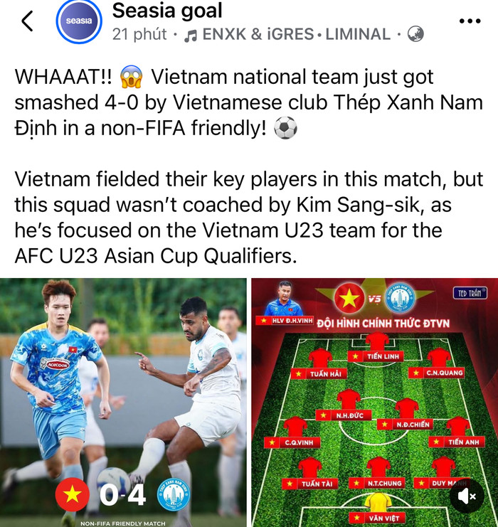 Seasia goal thông tin về trận thua của tuyển Việt Nam. Ảnh chụp màn hình