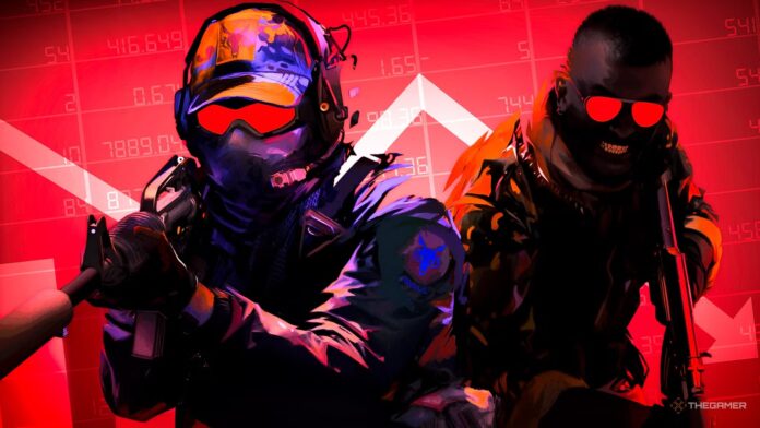 counter_strike_ct_and_t_players_standing_in_front_of_a_white_arrow_going_down_over_a_red_background