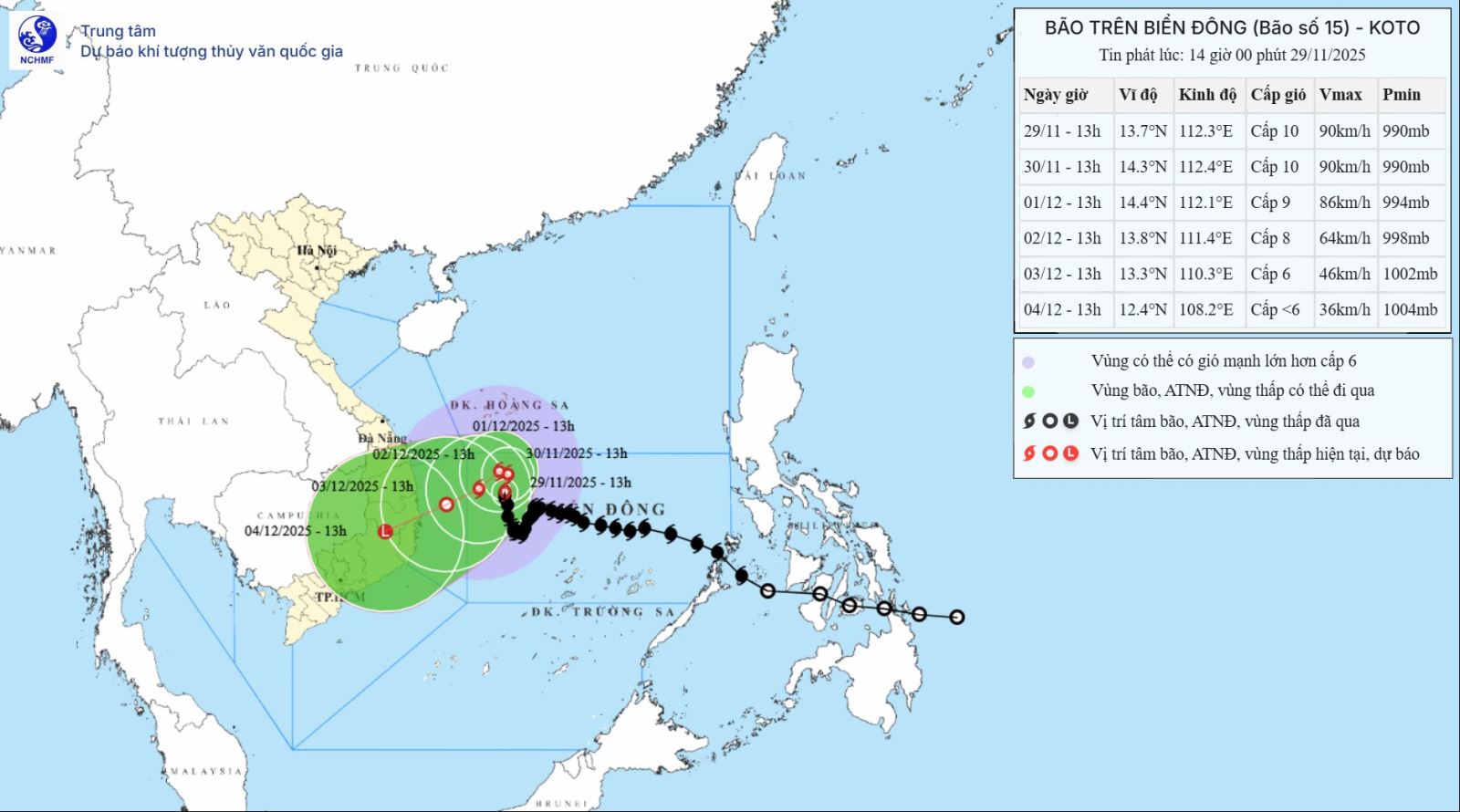 Vị trí và đường đi của bão số 15. Ảnh: KTTV
