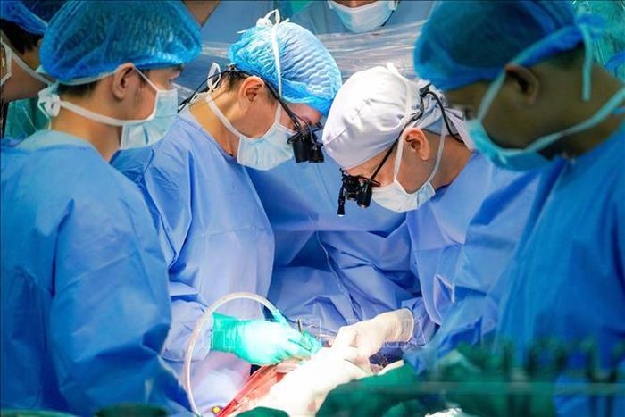 Bác sĩ Bệnh viện Đại học y dược Thành phố Hồ Chí Minh thực hiện ghép tim cho bệnh nhi 9 tuổi. Ảnh: TTXVN phát