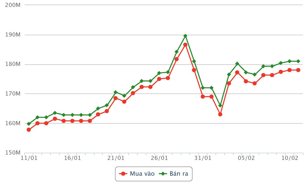 biểu đồ giá vàng từ ngày 11 tháng 1 năm 2026 đến sáng ngày 11 tháng 2 năm 2026