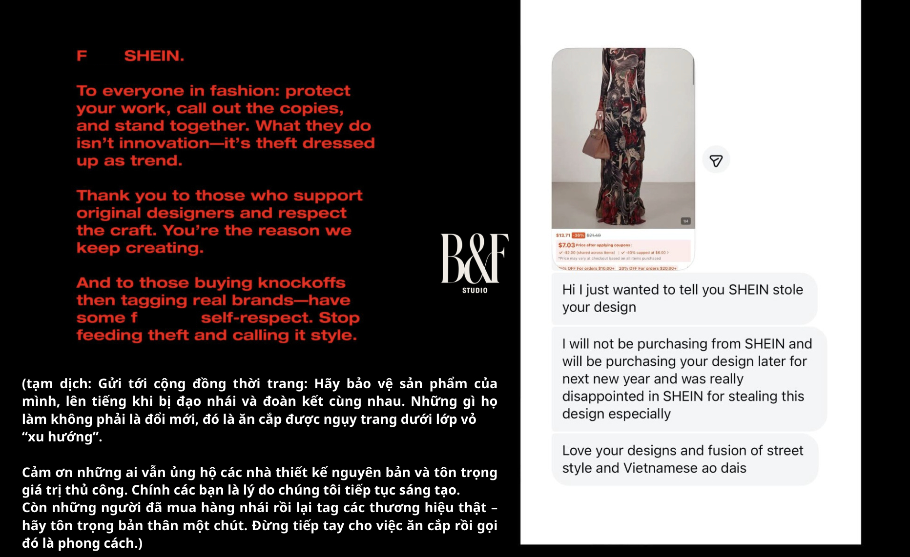 Duc Studio tố cáo SHEIN đạo nhái thiết kế độc đáo.